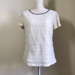 Talbots Short-Sleeve Blouse Cream Lace with Black Trim Size 8